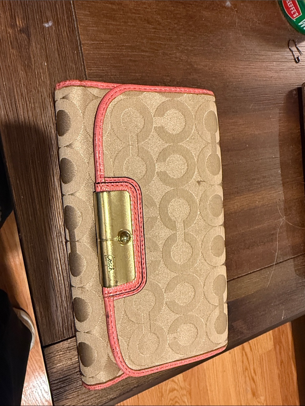 Coach Kristin Beige Signature Canvas Wallet with Coral Trim
